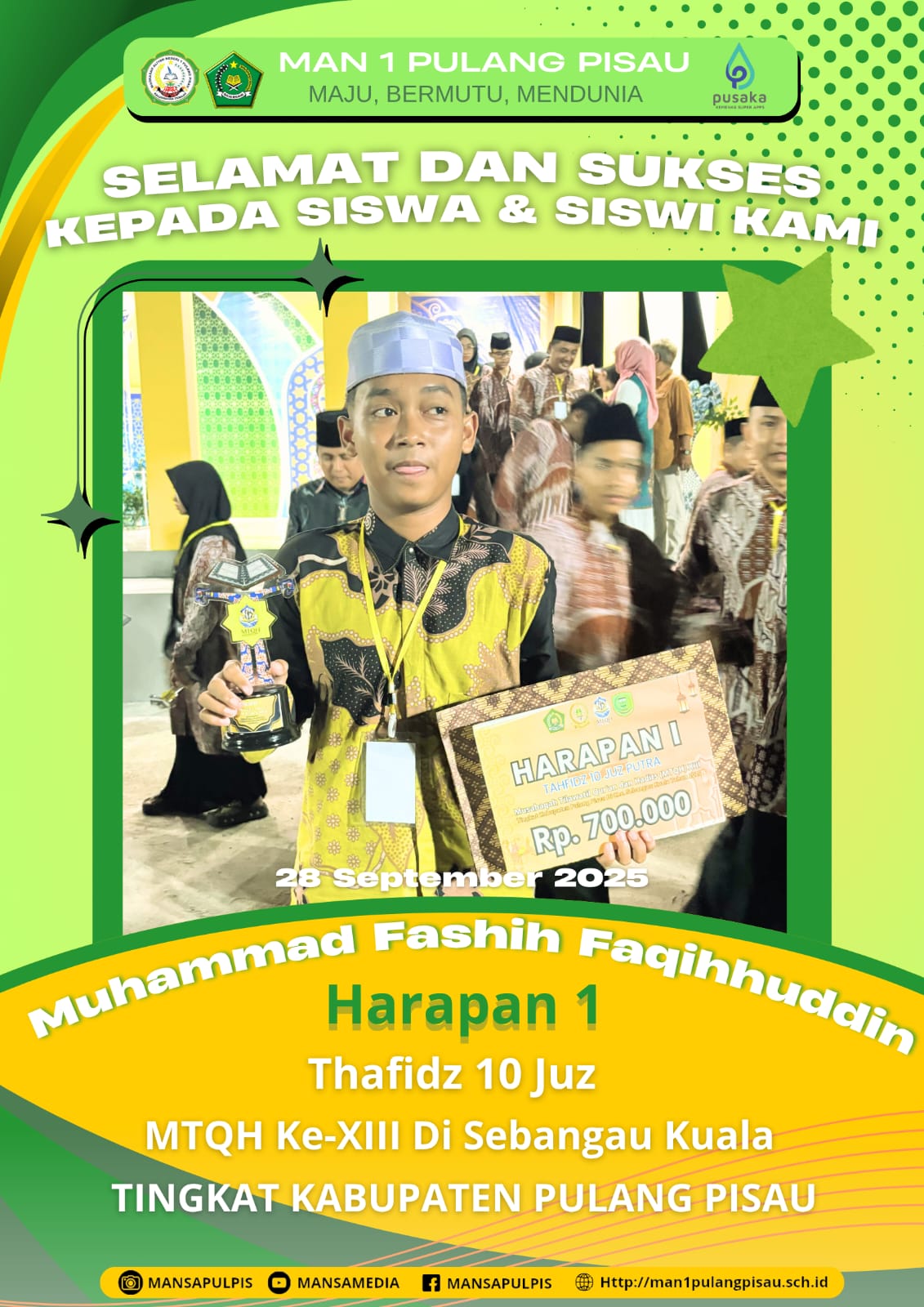 SISWA MAN 1 PULANG PISAU PLUS KETERAMPILAN MERAIH JUARA HARAPAN 1 DALAM MTQH KE-XIII TINGKAT KABUPATEN PULANG PISAU TAHUN 2025